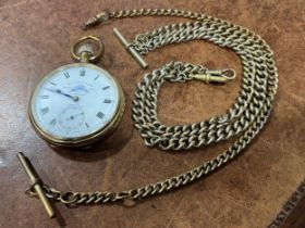 A gold plated Tho's Russell & Son pocket watch, Tempus Fugit, Liverpool, precision, white enamel