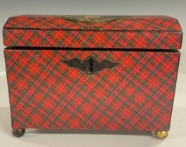 A 19th century domed rectangular royal Stuart tartanware tea caddy; the interior with two lidded