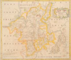 Robert Morden, an 18th century two-page coloured map, Worcestershire, 36.5cm x 43cm