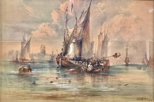 W J Thomas (1904) Busy Coastal Scene signed, watercolour, 26.5cm x 39cm