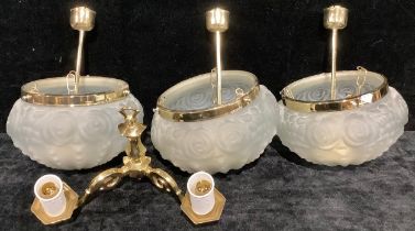 A set of three Art Deco style frosted glass ceiling lights; a brass wall light (4)
