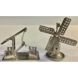 Two miniature Dutch silver windmill and canal bridge