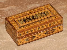 A Tunbridge ware rectangular vesta box, inlaid with geometric banding and inscribed Matches, striker