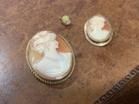 A Victorian 9ct gold shell cameo brooch, carved with a classical beauty, 4.2cm high; another