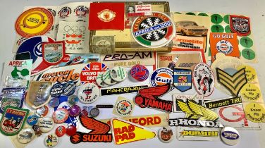 Advertising - a Mars chocolate badge; other pin badges, Golden Shred, Volvo, Basil Brush, Ski
