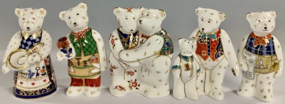 A set of five Royal Crown Derby miniature bears, Daddy and George, The Gardener, The Builder, The
