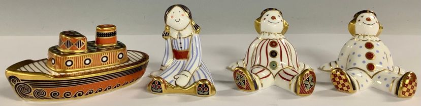 A set of four Royal Crown Derby Treasures of Childhood miniature models, Tug Boat, 10cm; Rag Doll,
