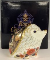 A Royal Crown Derby paperweight, Old Imari Hedgehog, gold stopper, 8cm, red printed marks, boxed