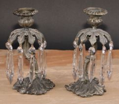 A pair of post-Regency dark patinated bronze candle lustres, campana sconces with detachable