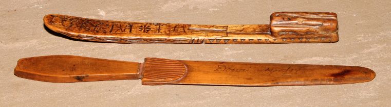 Treen - an 18th century knitting sheath, chip carved with geometric motifs, 20cm long, initialled IP