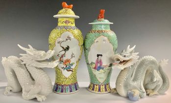 A Chinese export ware inverted baluster temple vase and cover, printed and painted with birds and