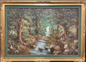 Bimi (Continental School) Woodland Stream signed, oil on canvas, 59cm x 89cm