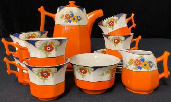 An Art Deco Palissy coffee set for six, comprising coffee pot, cream jug and sugar bowl, six