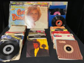 Three boxes of various assorted singles, 1960's, 70's and 80's; LP's (quantity)