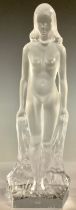 A French Cristal Sevres clear and frosted glass model of a diaphanous female nude, a veil trailing