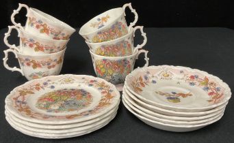 A set of six Royal Doulton Brambly Hedge Autumn pattern teacups, five saucers, five tea plates