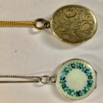 A silver and enamel forget-me-not locket; a Victorian enamel locket