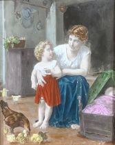 A late 19th century decorative printed tile, hand tinted in bright colours, mother and child in a
