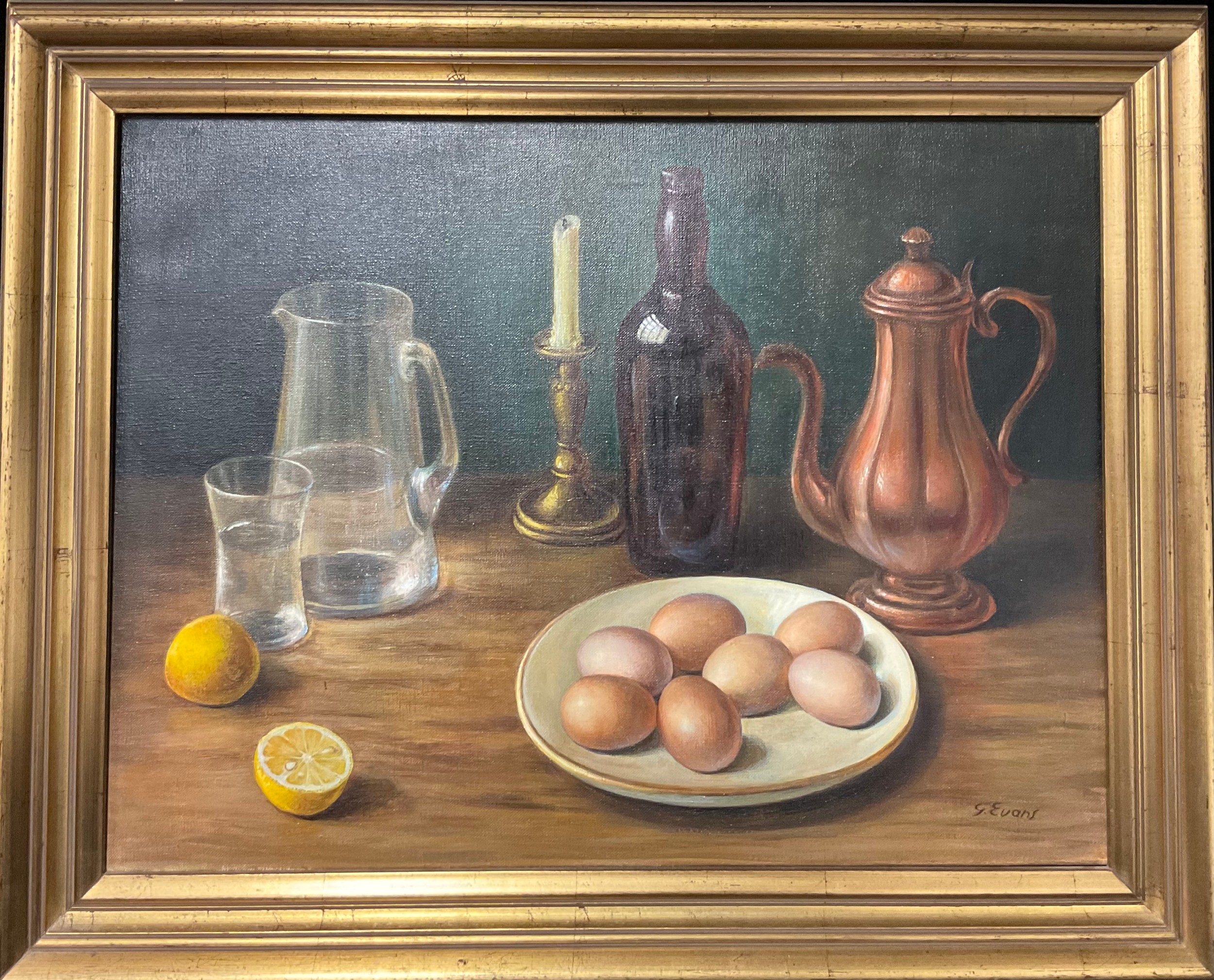 G Evans (20th century) Still Life Composition of Eggs, Coffee Pot and Candle signed, oil on - Image 2 of 2