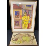 Modern School, Cubist style, Yellow Man, mixed media, 57cm x 43cm; Egon Schiele, after, Nude and