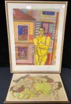 Modern School, Cubist style, Yellow Man, mixed media, 57cm x 43cm; Egon Schiele, after, Nude and