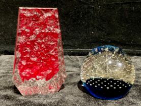 A Whitefriars red Coffin vase, 12.5cm high; a Caithness paperweight (2)