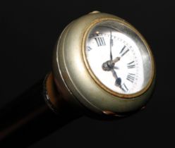 An early 20th century novelty horological walking stick, the pommel with a watch, the 3cm enamel