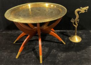 A Chinese brass topped folding table table; a brass lamp stand, as a dragon (2)