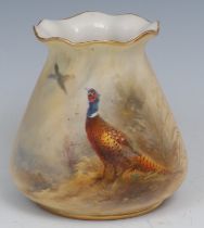 A Royal Worcester ovoid vase, pie crust rim, painted by Jas. Stinton, signed, with pheasants on a