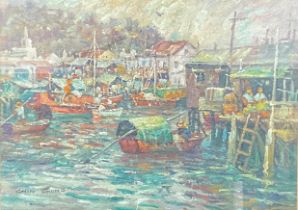 Chin Chung (Chinese, 20th century) Busy Harbour, signed, oil on board, 25cm x 35cm