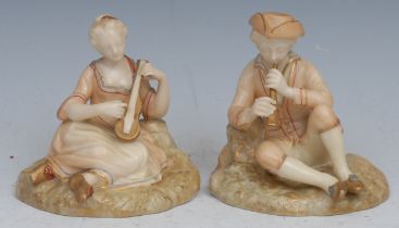 A pair of Royal Worcester figures, as young man and lady musicians, in 18th century costume, he