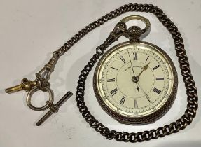 A 19th century continental silver open face Patent Chronograph pocket watch, enamel dial, Roman
