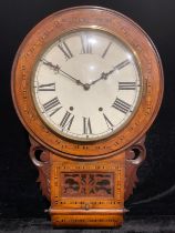 A 19th century walnut and parquetry drop dial wall clock, Roman numerals, twin winding holes, 70cm