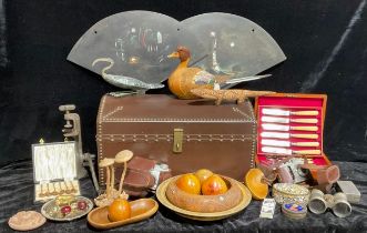 A leather domed top studded chest, containing treen, cameras, field glasses, tins, etc, qty