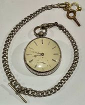 A Victorian silver open face pocket watch, enamel dial, Roman numerals, subsidiary seconds dial with