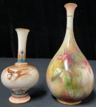 A Hadley's Worcester bottle vase, painted with pink blossom on a mossy bank, F105/68, 20.5cm,