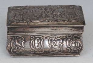 A 19th century Dutch Rococo silver waisted rectangular snuff box, hinged cover chased with fishing