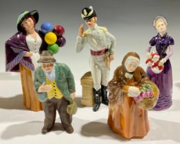 A pair of Royal Doulton figures, Morning Ma'am HN 2895 and Good Day Sir HN 2896; another, Balloon