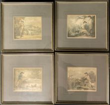 A set of four game shooting prints, 19th century, Snipe Shooting, Partridge Shooting, a pair Duck