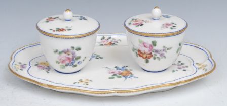 A Sevres double plateau a deux pots de confitures, painted with colourful flowers under blue line