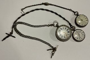 A silver plated open face pocket watch, white enamel dial, Roman numerals, subsidiary seconds