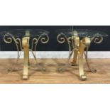 A pair of painted metal and glass occasional or lamp tables, 53cm high, 61cm wide (2)