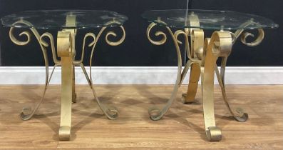 A pair of painted metal and glass occasional or lamp tables, 53cm high, 61cm wide (2)