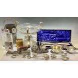 An EPNS mounted Art Deco style table centre, engraved clear glass dish; a triple flask; a novelty