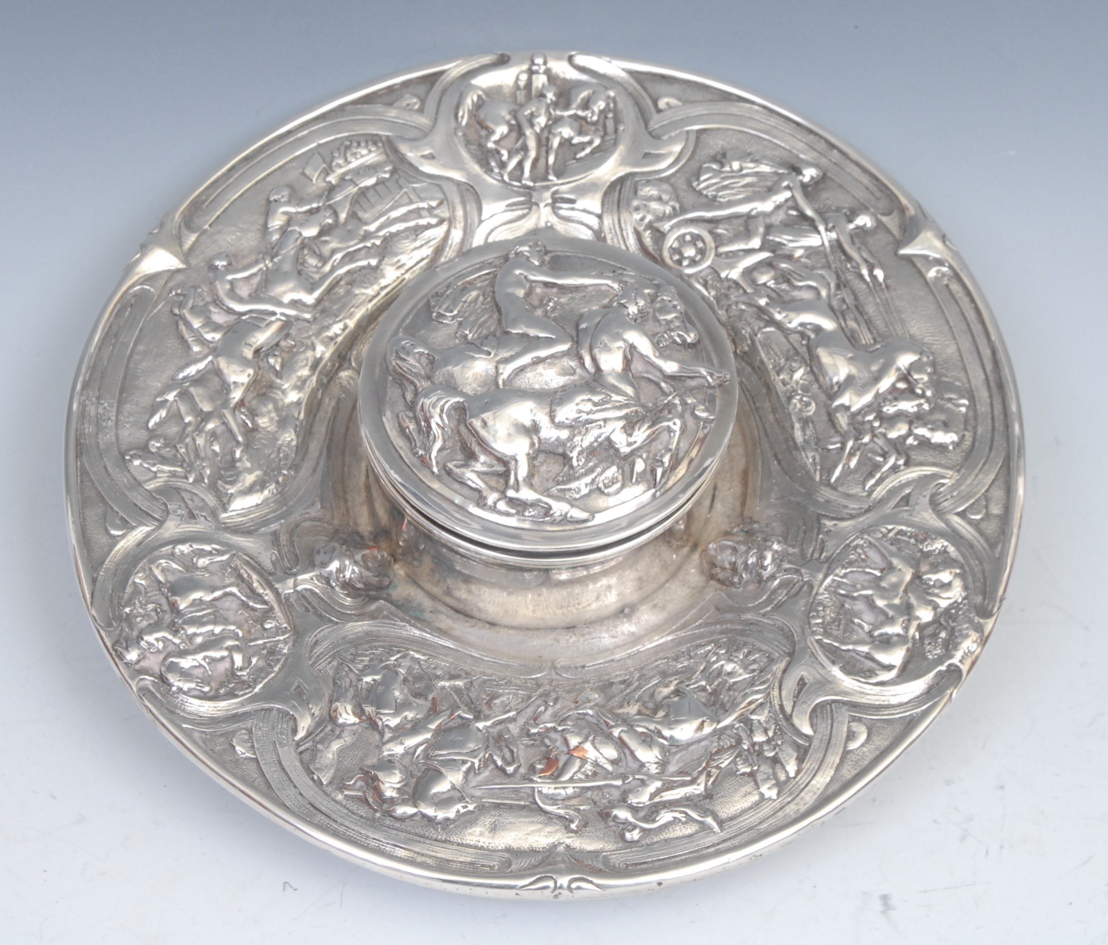 A Renaissance Revival electrotype circular inkwell, in relief with horse racing, chariot racing, and - Image 2 of 2