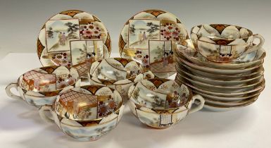 A set of 20th century Kutani eggshell ware, 5 cups and 6 saucers, hand painted and gilded (11)