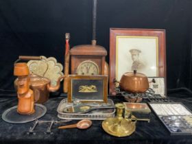 A mid 20th century oak cased mantel clock, 34cm high; a Victorian copper kettle; a 19th century gilt