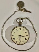 A Victorian silver open face pocket watch, enamel dial, Roman numerals, subsidiary seconds dial, 7.