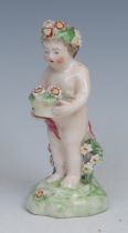 A Derby patch mark figure, Putto, garlanded with flowers, 10cm high, c.1780