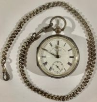 A late Victorian silver open face pocket watch, white enamel dial, The Express English Lever, JG